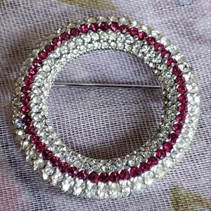 CINER Signed Round Circle Ruby Pin Red Clear Silver Tone Vintage Brooch